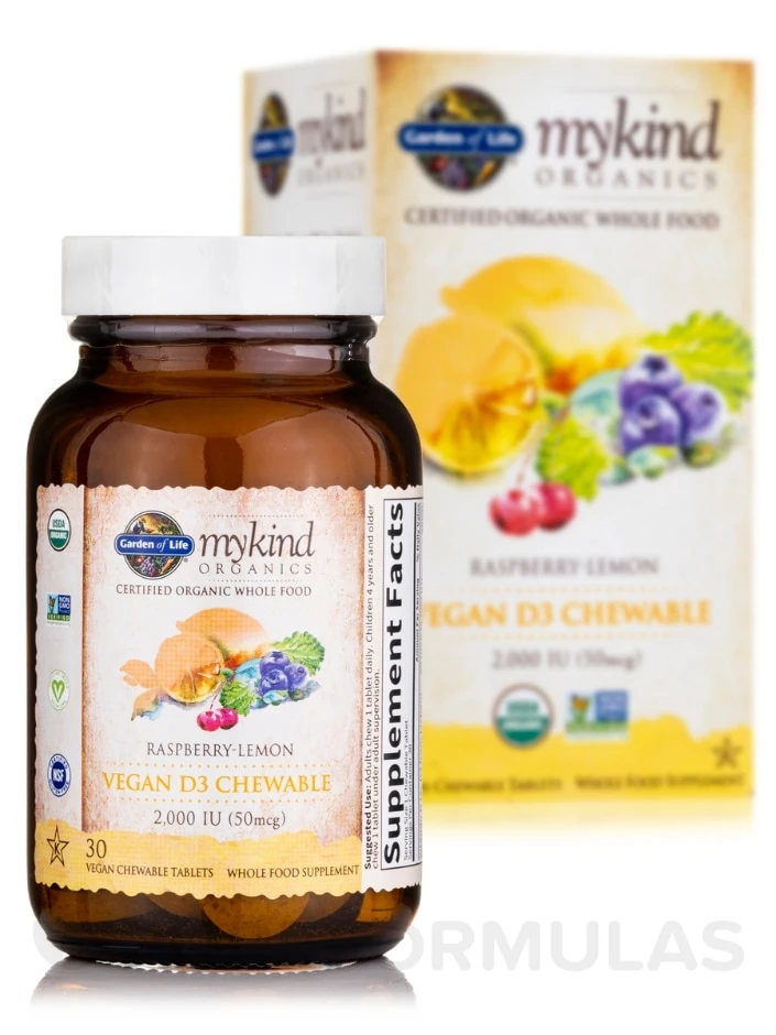 Mykind Organics Organic Chewable Vegan D3 2000 IU, Raspberry-Lemon - 30 Vegan Chewable Tablets 2 Mykind Organics Organic Chewable Vegan D3 2000 IU, Raspberry-Lemon - 30 Vegan Chewable Tablets - Image 2