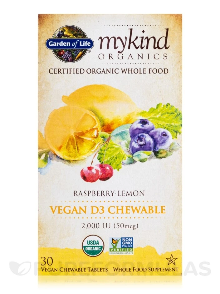 Mykind Organics Organic Chewable Vegan D3 2000 IU, Raspberry-Lemon - 30 Vegan Chewable Tablets 4 Mykind Organics Organic Chewable Vegan D3 2000 IU, Raspberry-Lemon - 30 Vegan Chewable Tablets - Image 4
